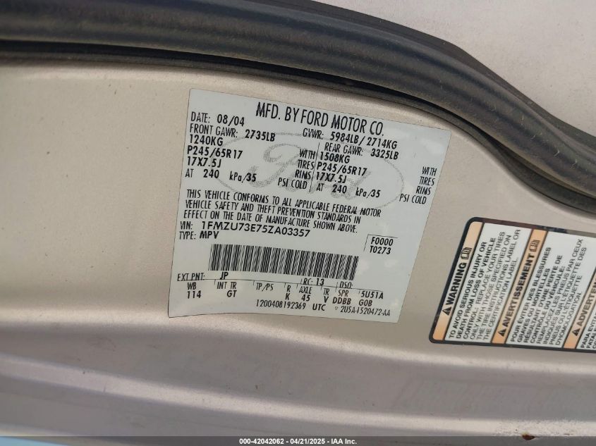 2005 Ford Explorer Xlt/Xlt Sport/Nbx VIN: 1FMZU73E75ZA03357 Lot: 42042062