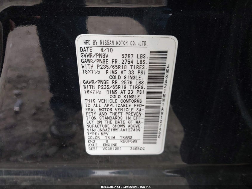 2010 NISSAN MURANO VIN: JN8AZ1MW1AW127499
