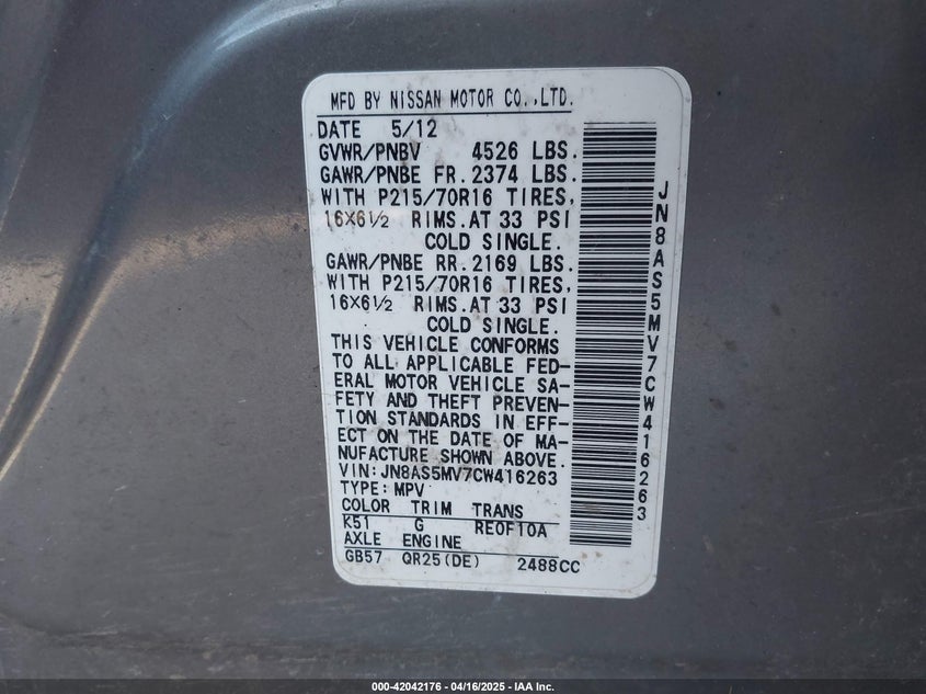 2012 NISSAN ROGUE VIN: JN8AS5MV7CW416263