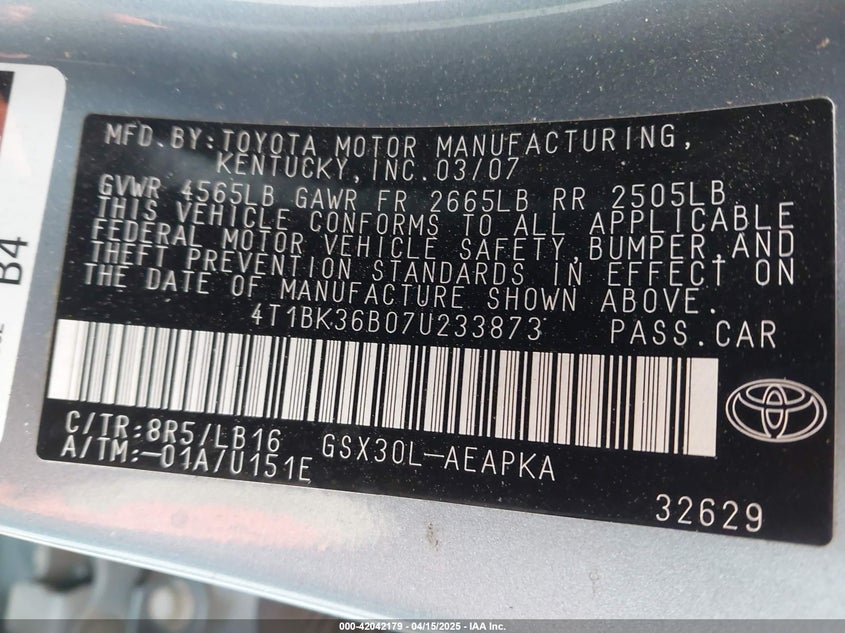 2007 TOYOTA AVALON VIN: 4T1BK36B07U233873