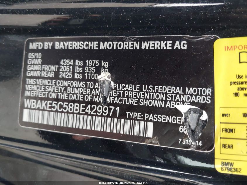 2011 BMW 328I VIN: WBAKE5C58BE429971 Lot: 42042226