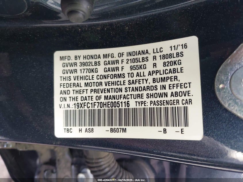 2017 HONDA CIVIC VIN: 19XFC1F70HE005116