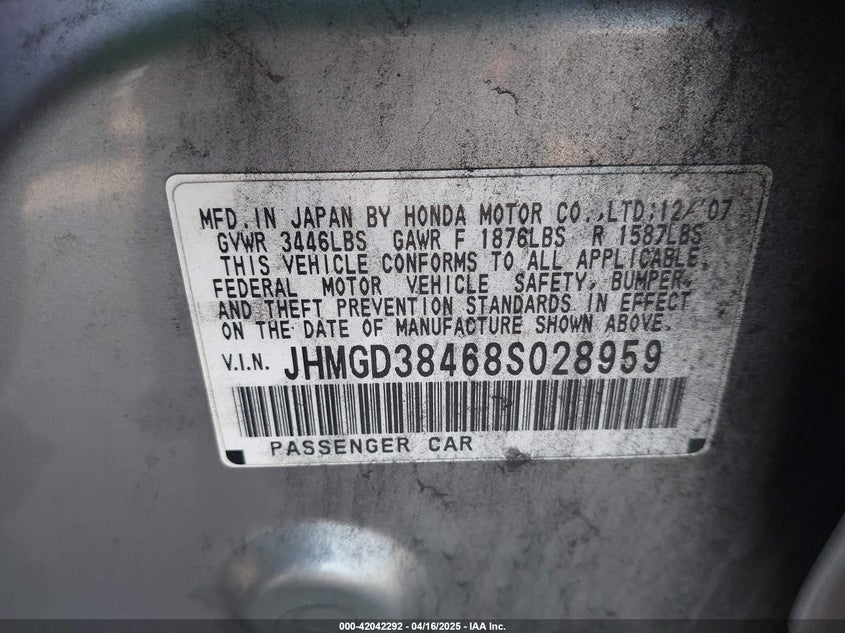 2008 HONDA FIT VIN: JHMGD38468S028959