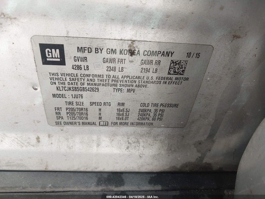 2016 CHEVROLET TRAX 1LS - KL7CJKSB5GB542629