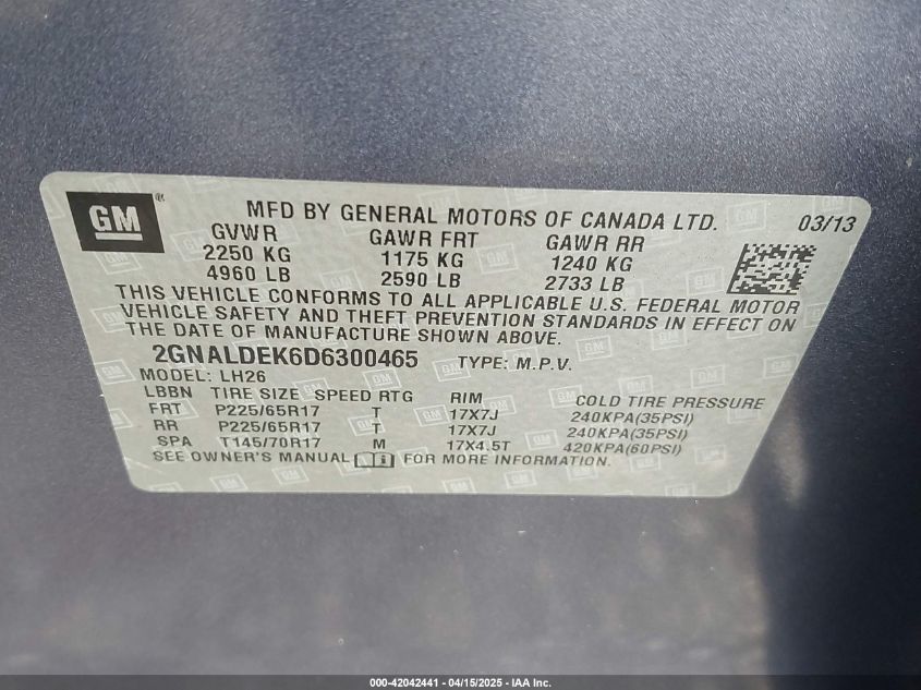 2013 Chevrolet Equinox 1Lt VIN: 2GNALDEK6D6300465 Lot: 42042441