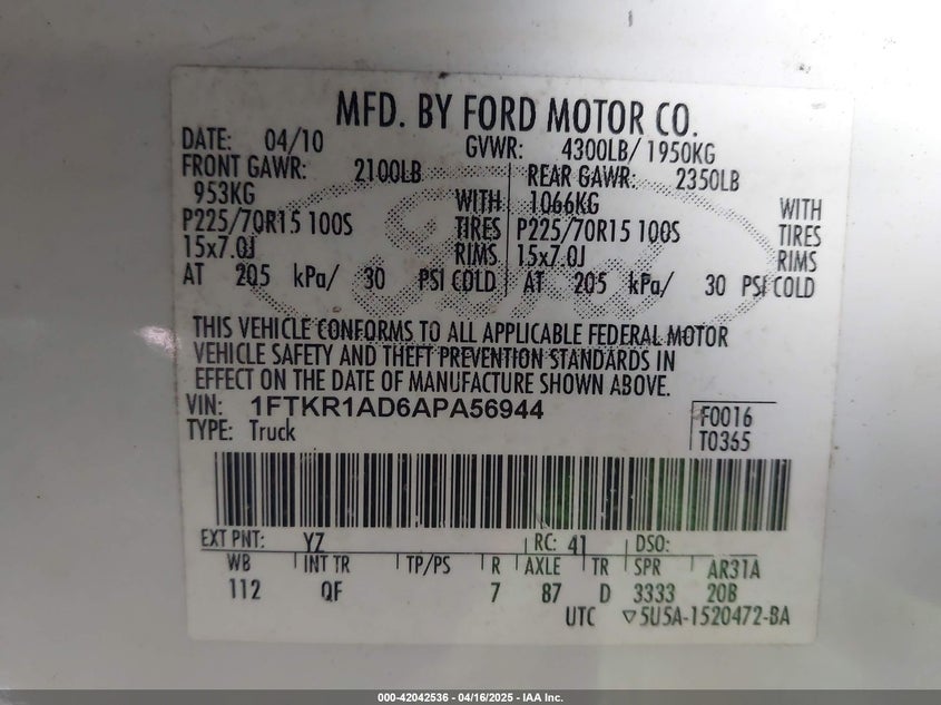2010 FORD RANGER VIN: 1FTKR1AD6APA56944