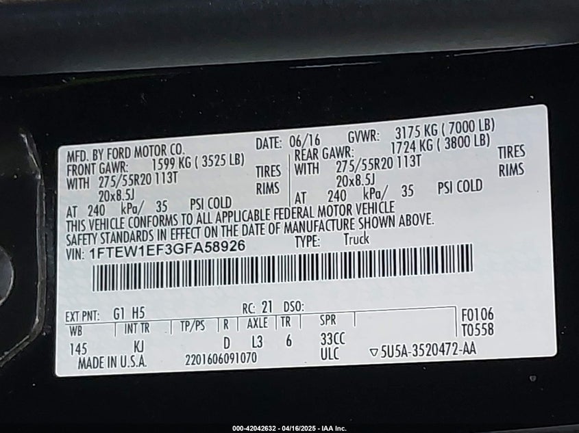 2016 FORD F150 VIN: 1FTEW1EF3GFA58926
