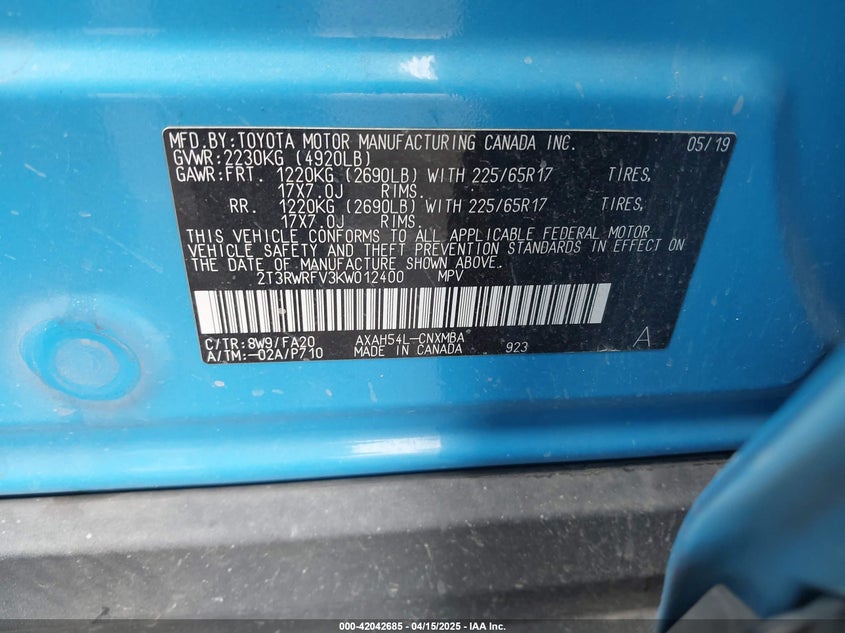 2019 TOYOTA RAV4 HYBRID XLE - 2T3RWRFV3KW012400