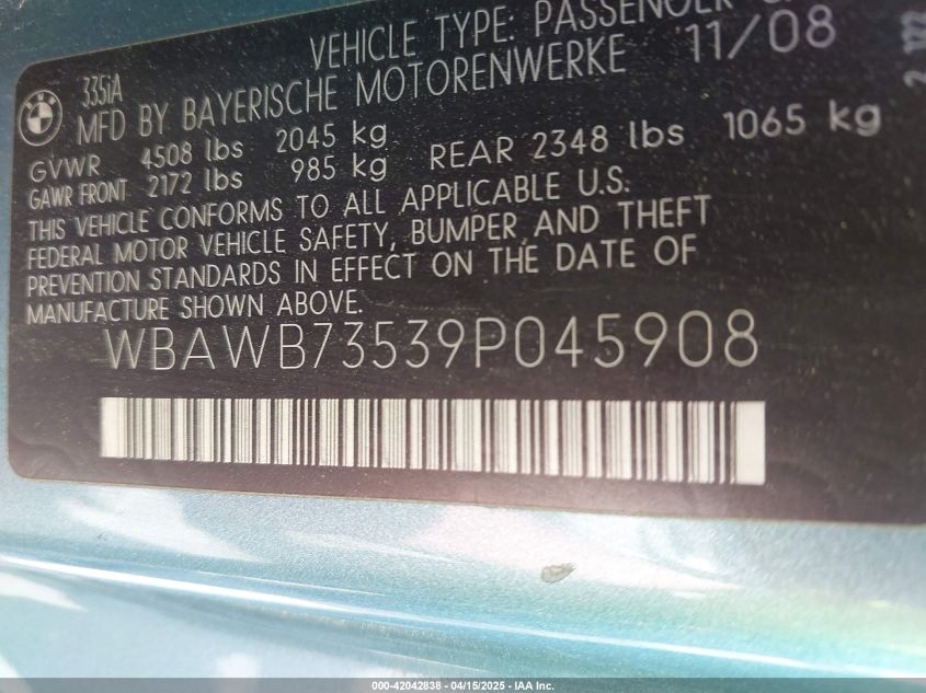 2009 BMW 335I VIN: WBAWB73539P045908 Lot: 42042838