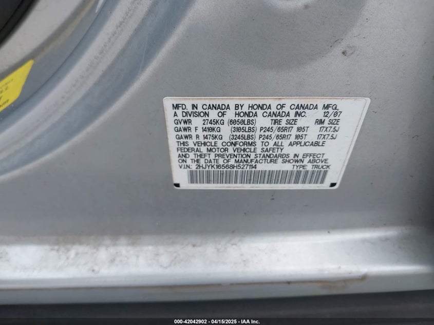 2008 HONDA RIDGELINE VIN: 2HJYK16568H527114