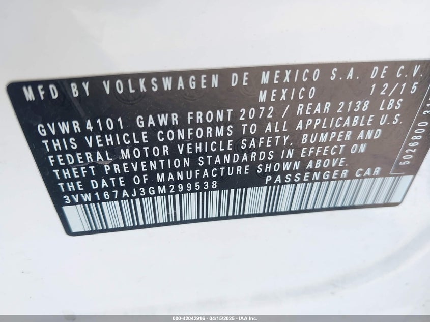 2016 VOLKSWAGEN JETTA 1.4T S - 3VW167AJ3GM299538