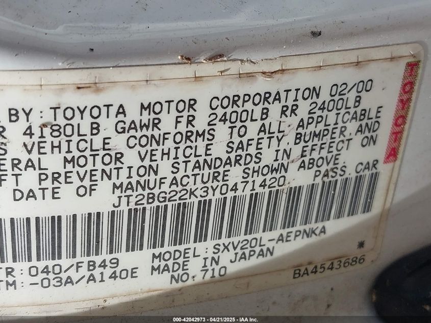 2000 Toyota Camry Le VIN: JT2BG22K3Y0471420 Lot: 42042973