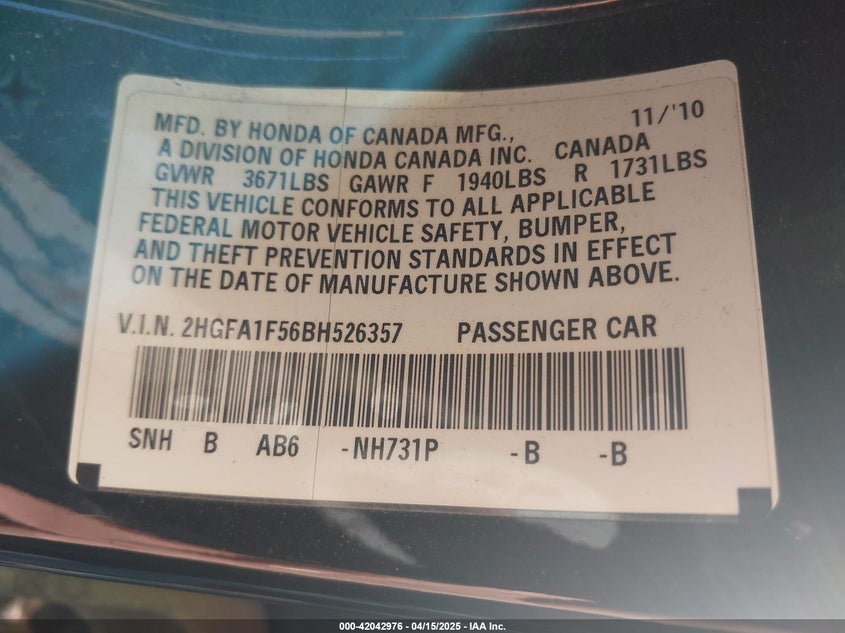 2011 HONDA CIVIC VIN: 2HGFA1F56BH526357