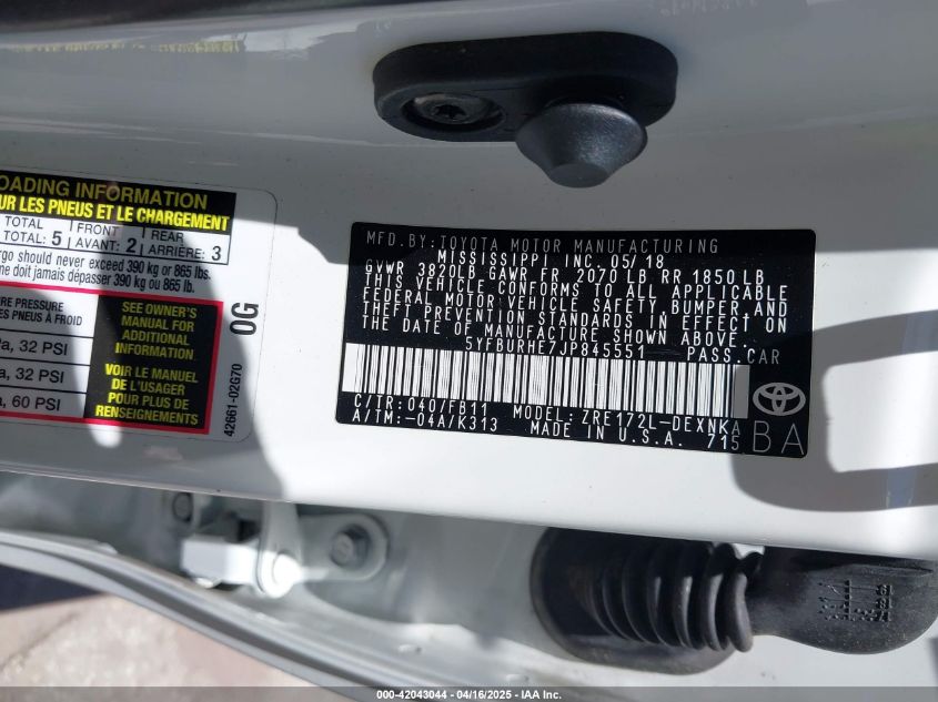 2018 Toyota Corolla Se VIN: 5YFBURHE7JP84555 Lot: 42043044