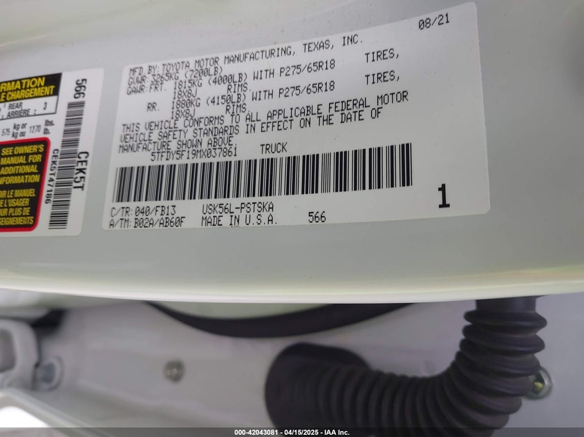 2021 TOYOTA TUNDRA VIN: 5TFDY5F19MX037861