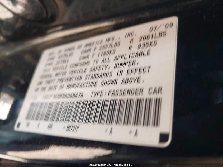 2009 HONDA ACCORD VIN: 1HGCP36889A048474