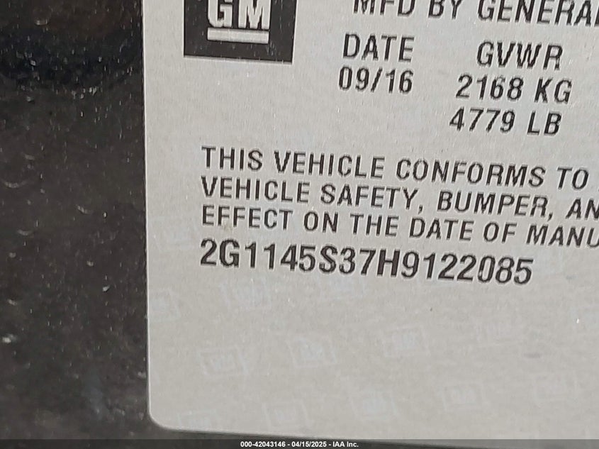 2017 CHEVROLET IMPALA VIN: 2G1145S37H9122085