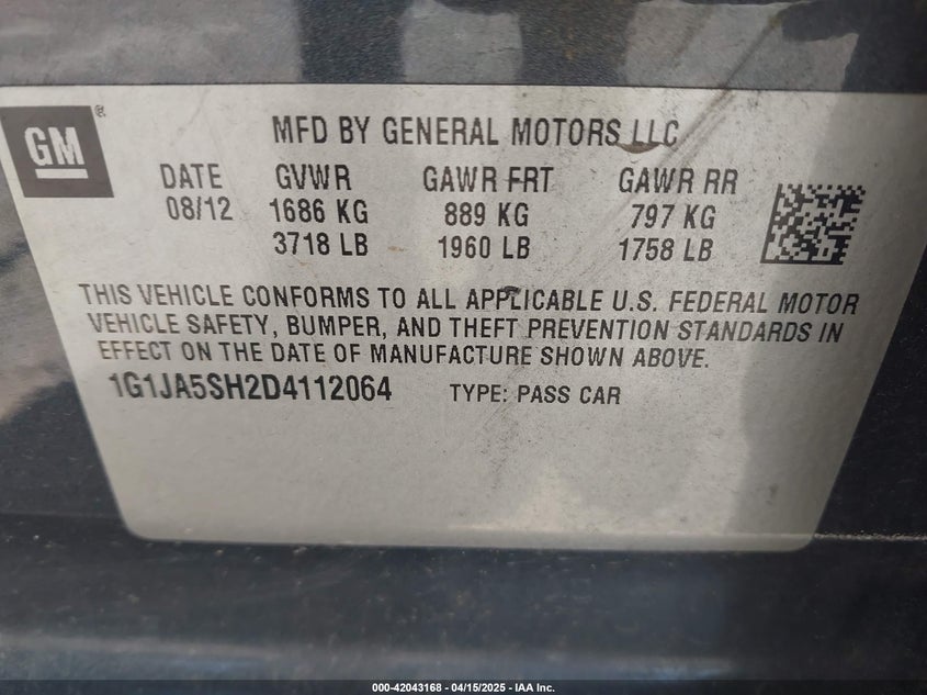 2013 CHEVROLET SONIC VIN: 1G1JA5SH2D4112064