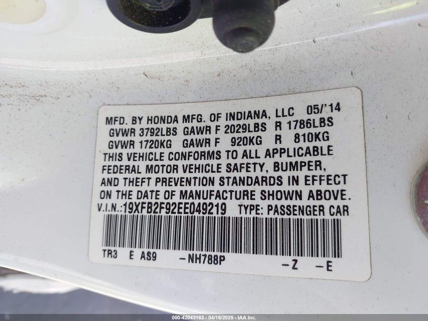2014 HONDA CIVIC VIN: 19XFB2F92EE049219