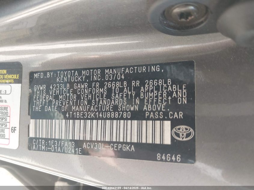 2004 Toyota Camry Xle VIN: 4T1BE32K14U888780 Lot: 42043189