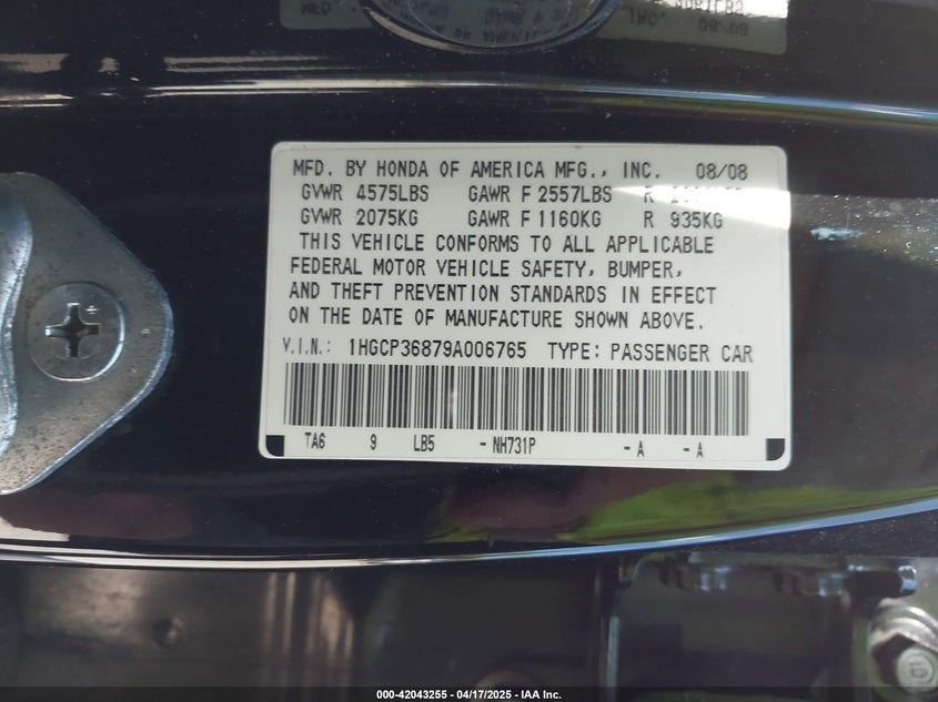 2009 HONDA ACCORD VIN: 1HGCP36879A006765