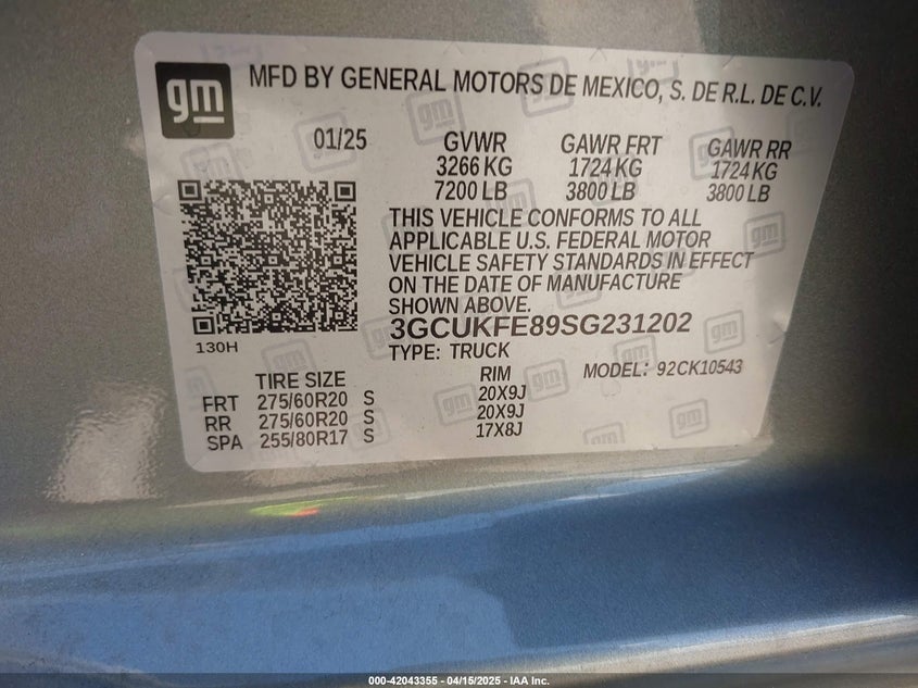 2025 CHEVROLET SILVERADO 1500 VIN: 3GCUKFE89SG231202