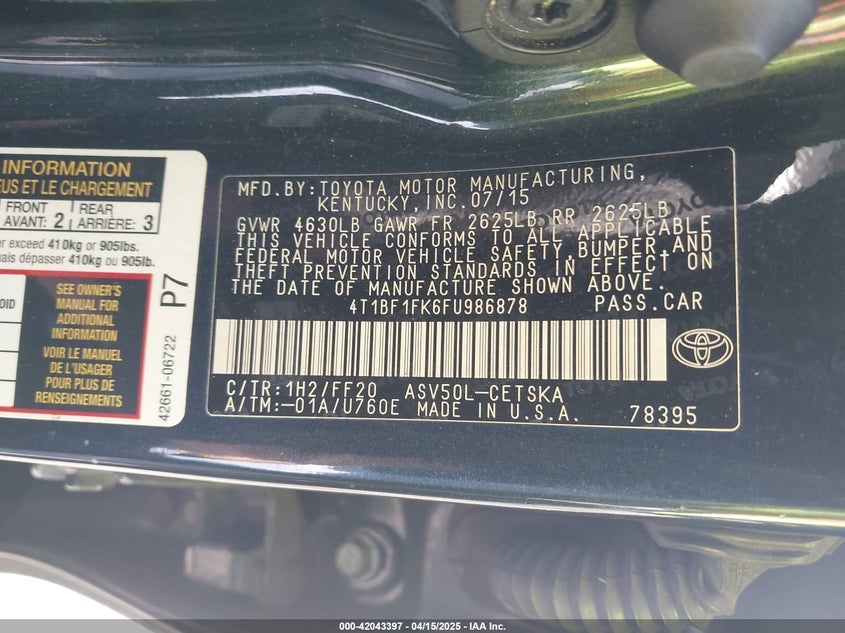 2015 TOYOTA CAMRY VIN: 4T1BF1FK6FU986878