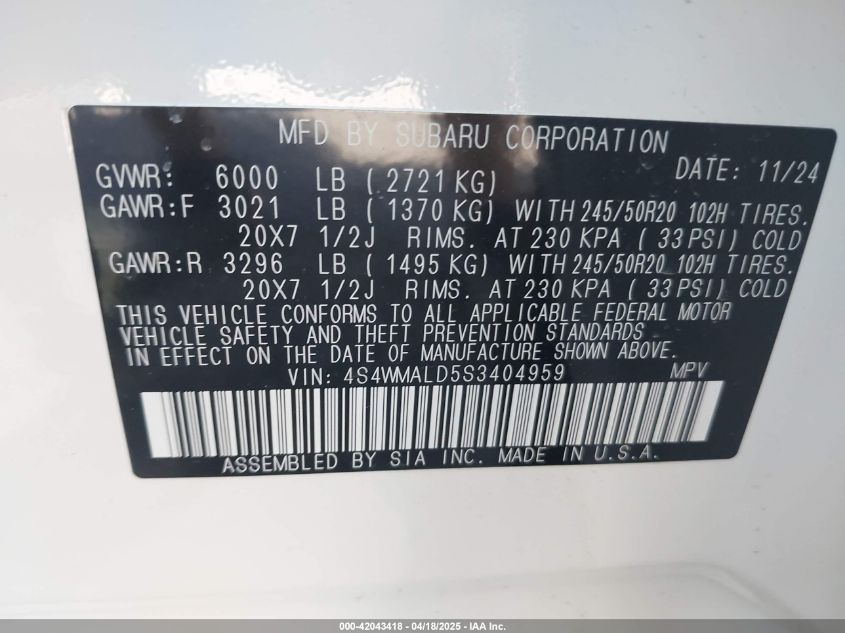 2025 Subaru Ascent Limited 8-Passenger VIN: 4S4WMALD5S3404959 Lot: 42043418