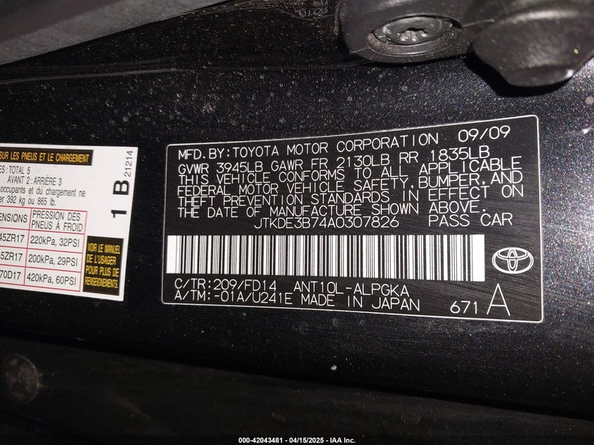 2010 SCION TC VIN: JTKDE3B74A0307826