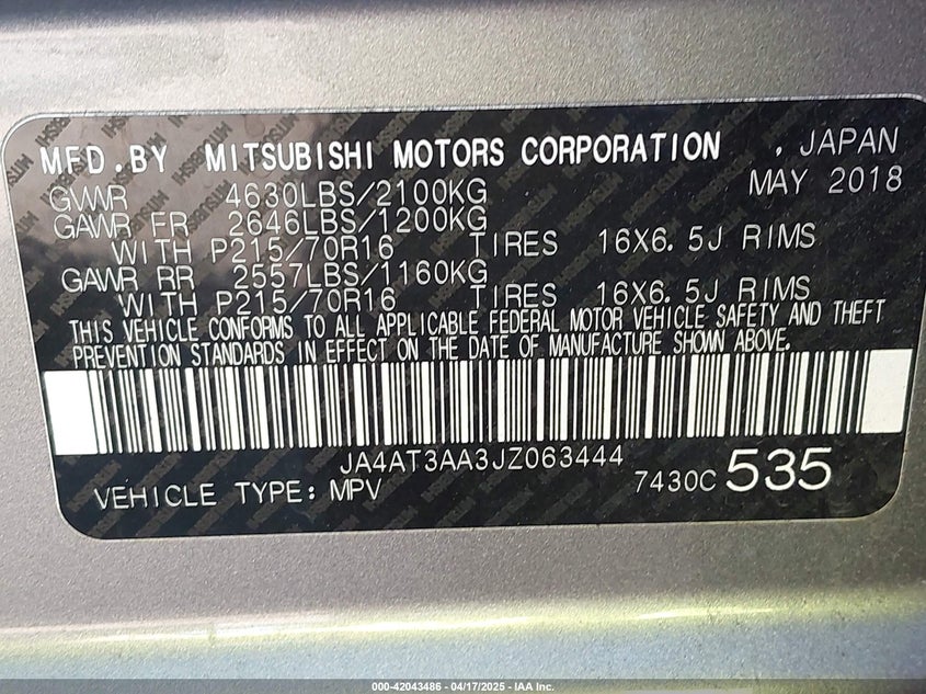 2018 Mitsubishi Eclipse Cross Es VIN: JA4AT3AA3JZ063444 Lot: 42043486