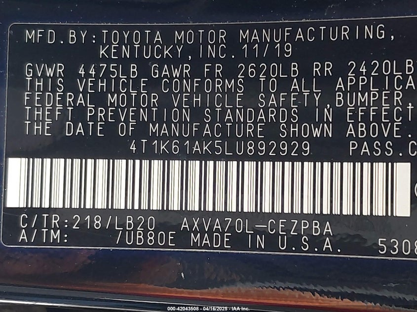 2020 TOYOTA CAMRY VIN: 4T1K61AK5LU892929
