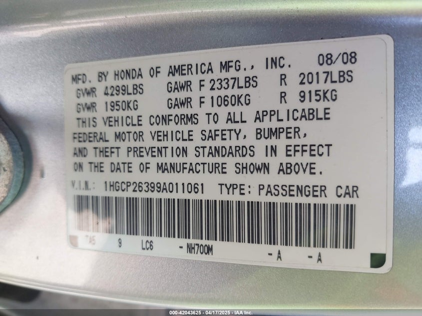 2009 HONDA ACCORD VIN: 1HGCP26399A011061