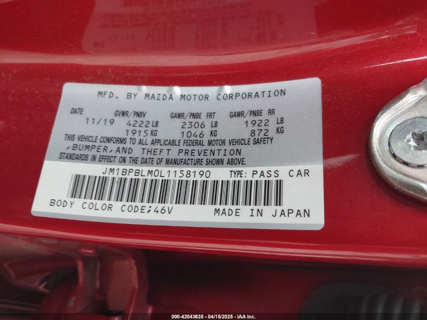 2020 Mazda Mazda3 Hatchback VIN: JM1BPBLM0L1158190 Lot: 42043635