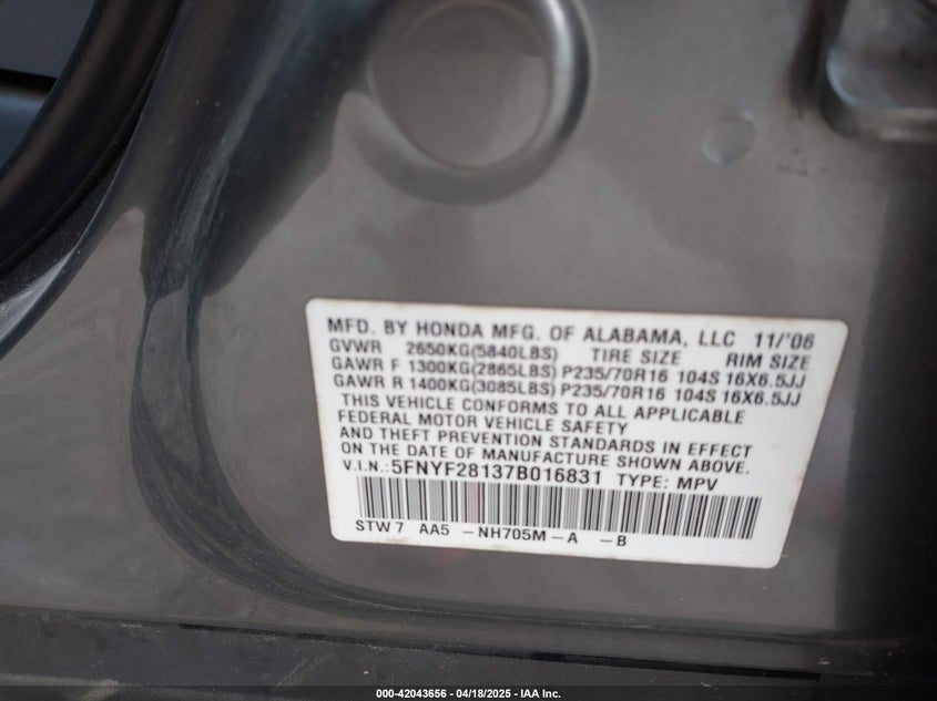 2007 Honda Pilot Lx VIN: 5FNYF28137B016831 Lot: 42043656