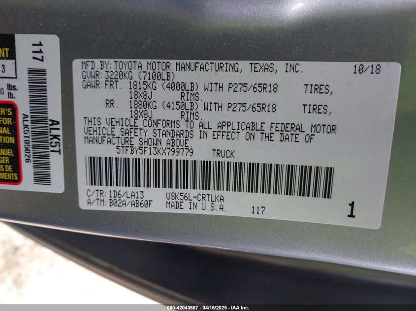 2019 TOYOTA TUNDRA LIMITED 5.7L V8 - 5TFBY5F13KX799779