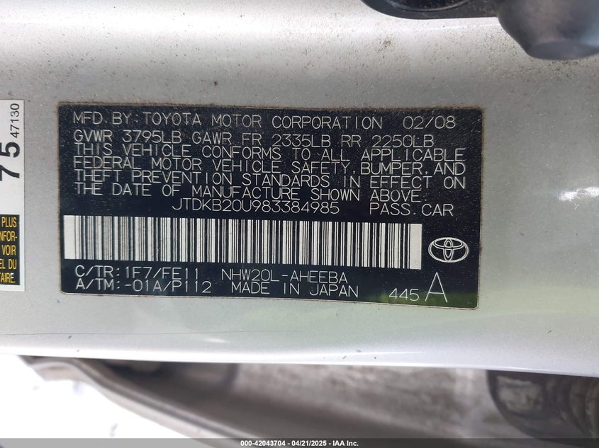 2008 TOYOTA PRIUS VIN: JTDKB20U983384985