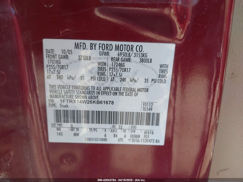 2006 FORD F-150 VIN: 1FTRX14W26KB61678