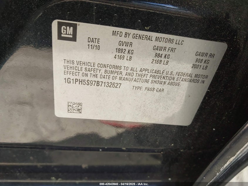 2011 CHEVROLET CRUZE VIN: 1G1PH5S97B7132627