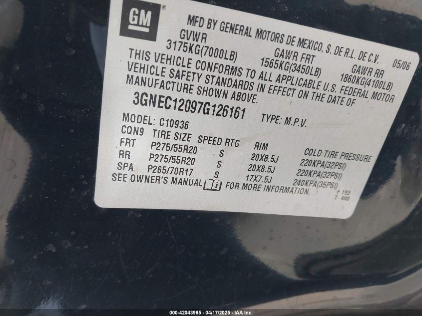 2007 Chevrolet Avalanche 1500 Lt VIN: 3GNEC12097G126161 Lot: 42043985