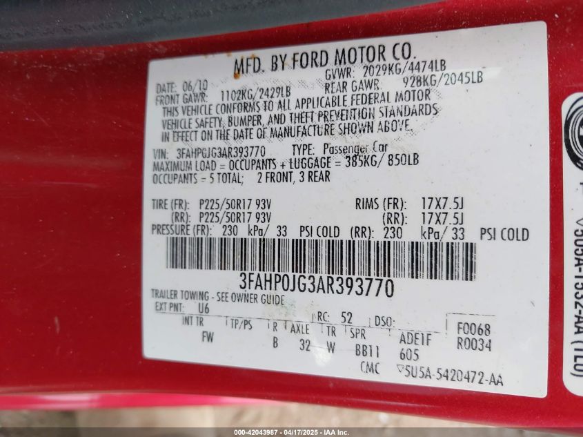 2010 Ford Fusion Sel VIN: 3FAHP0JG3AR393770 Lot: 42043987