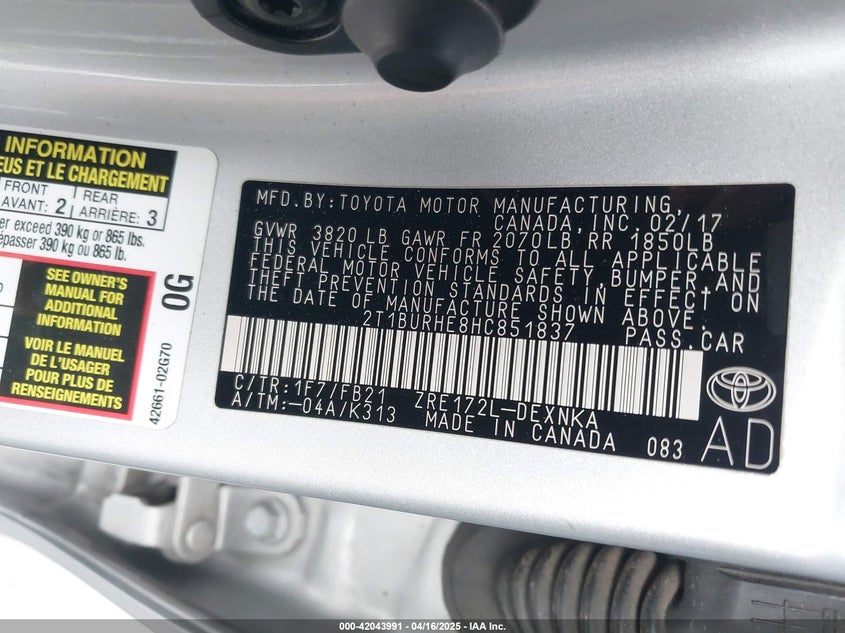 2017 TOYOTA COROLLA VIN: 2T1BURHE8HC851837