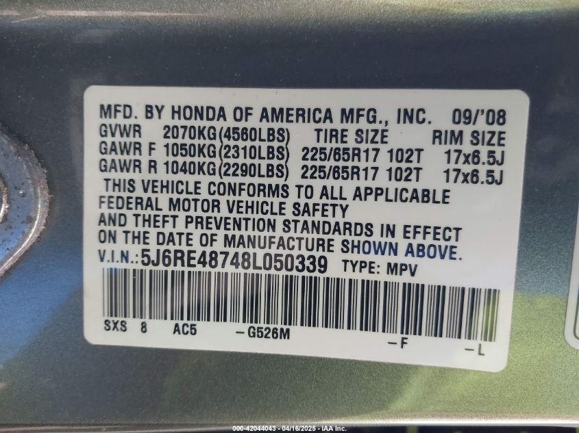 2008 Honda Cr-V Ex-L VIN: 5J6RE48748L050339 Lot: 42044043