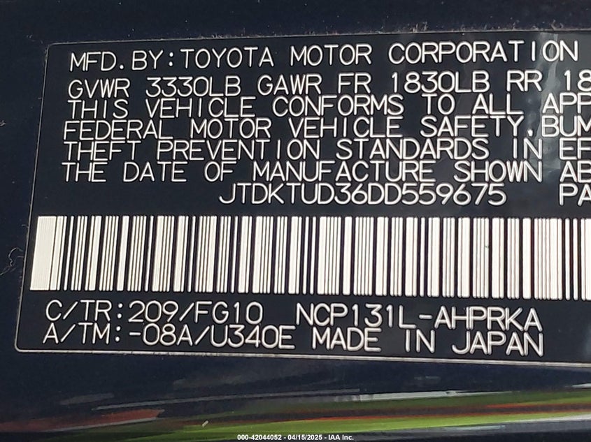 2013 TOYOTA YARIS VIN: JTDKTUD36DD559675