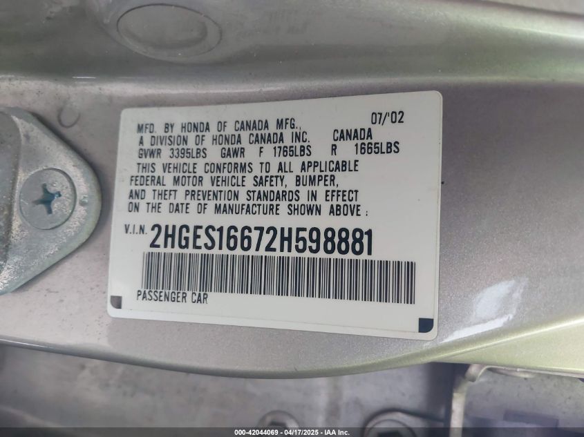 2002 Honda Civic Lx VIN: 2HGES16672H598881 Lot: 42044069