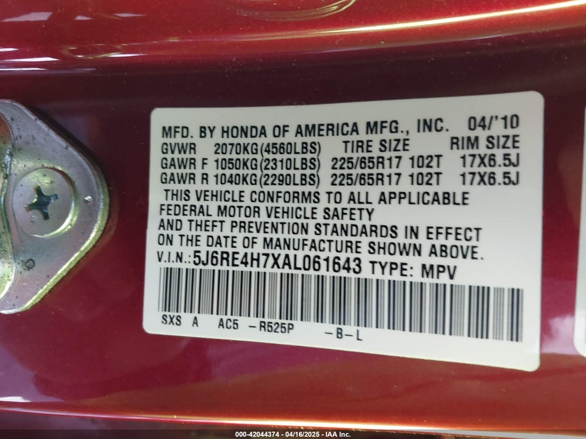 2010 HONDA CR-V VIN: 5J6RE4H7XAL061643