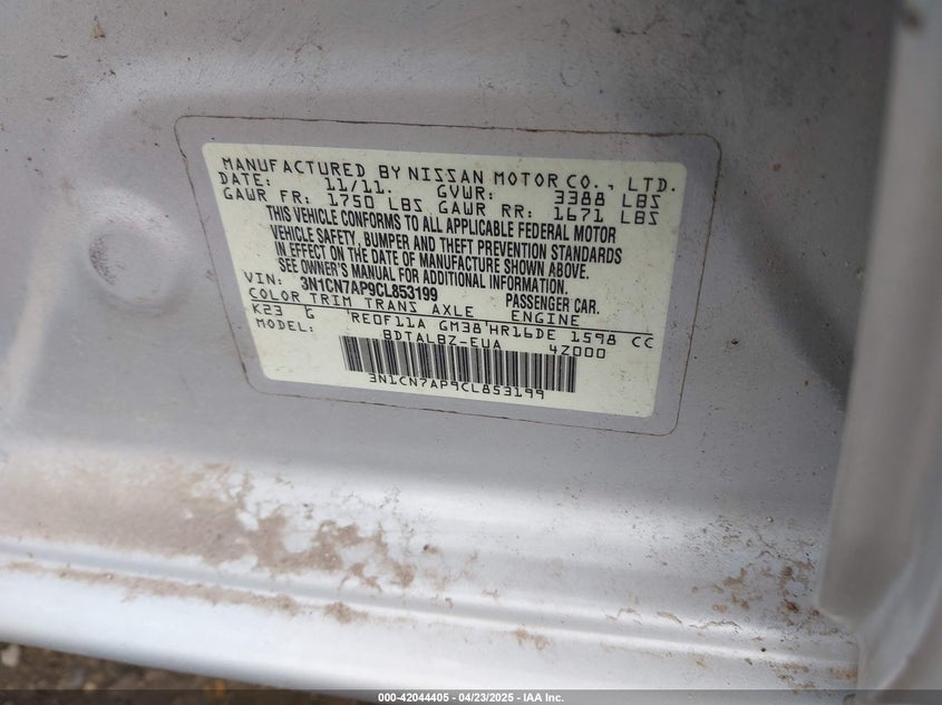 2012 NISSAN VERSA VIN: 3N1CN7AP9CL853199