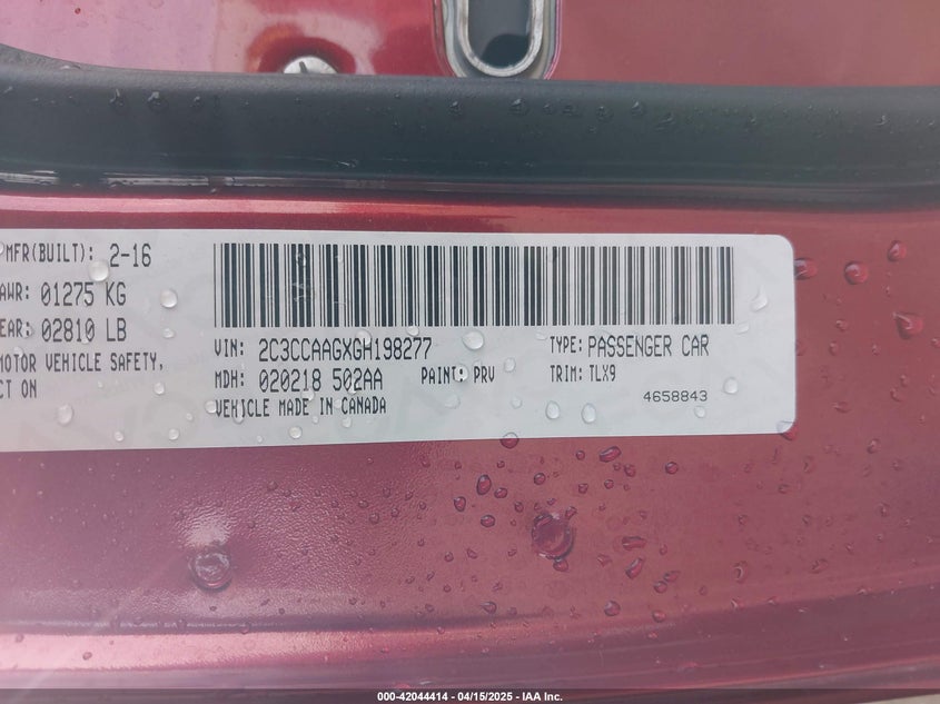 2016 CHRYSLER 300 VIN: 2C3CCAAGXGH198277
