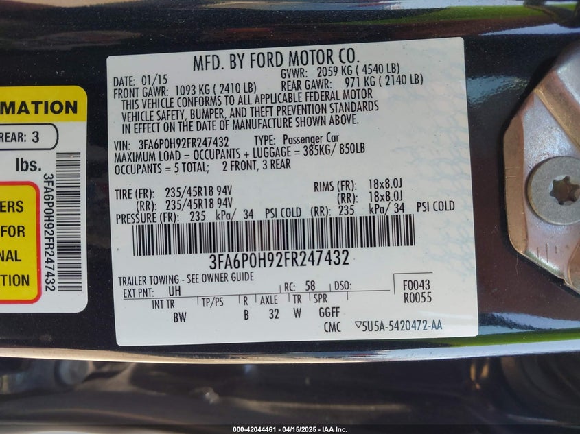 2015 FORD FUSION VIN: 3FA6P0H92FR247432