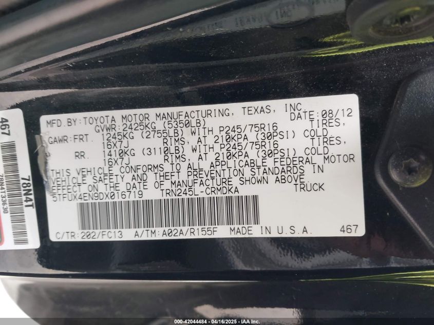 2013 Toyota Tacoma VIN: 5TFUX4EN9DX016719 Lot: 42044484