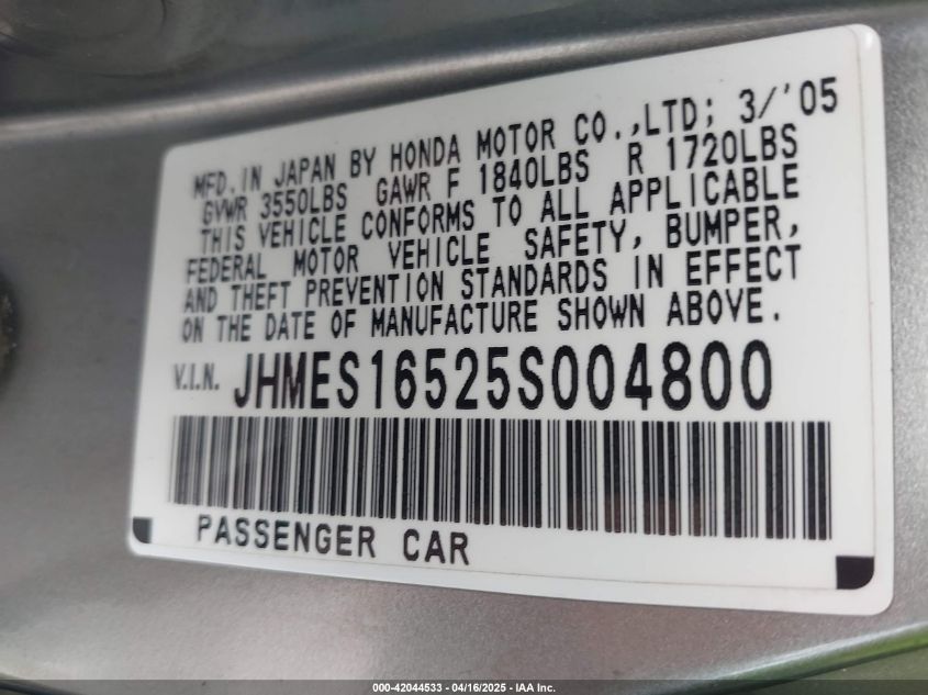 2005 Honda Civic Lx VIN: 0JHMES16525S00480 Lot: 42044533